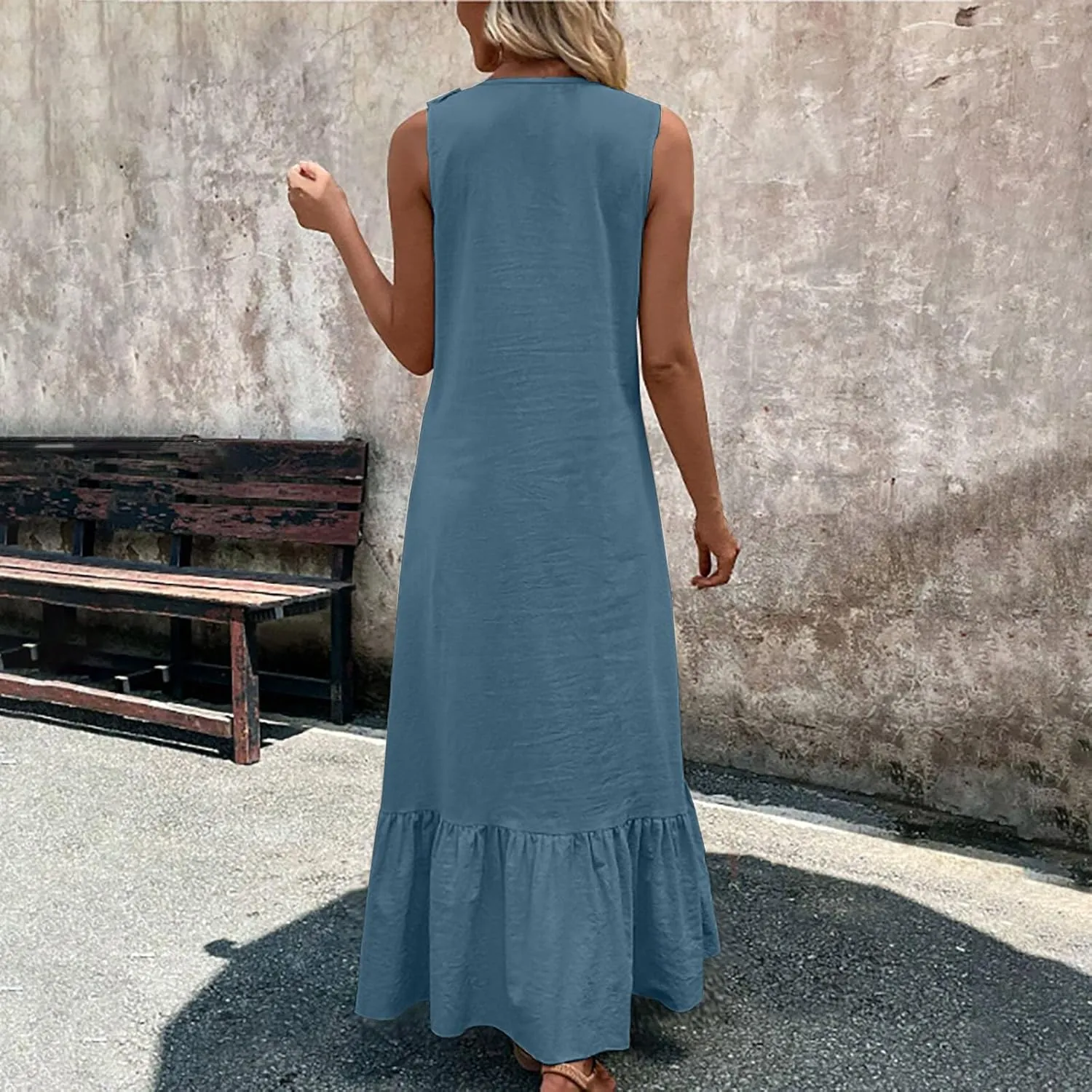 Summer Maxi Boho Sundress for Women Sleeveless Ruffle Swing Dress Casual V Neck Ankle Length A Line Dresses