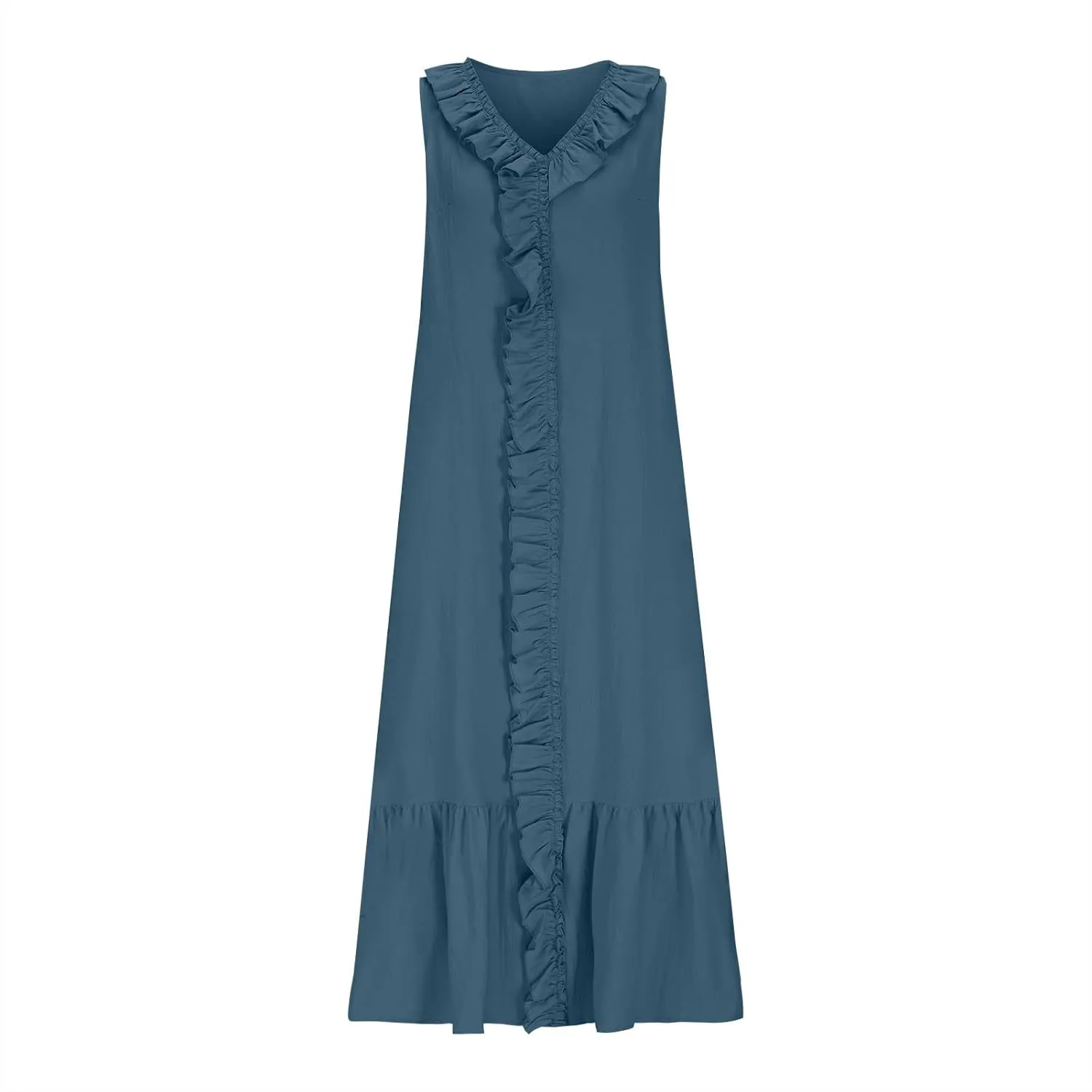 Summer Maxi Boho Sundress for Women Sleeveless Ruffle Swing Dress Casual V Neck Ankle Length A Line Dresses