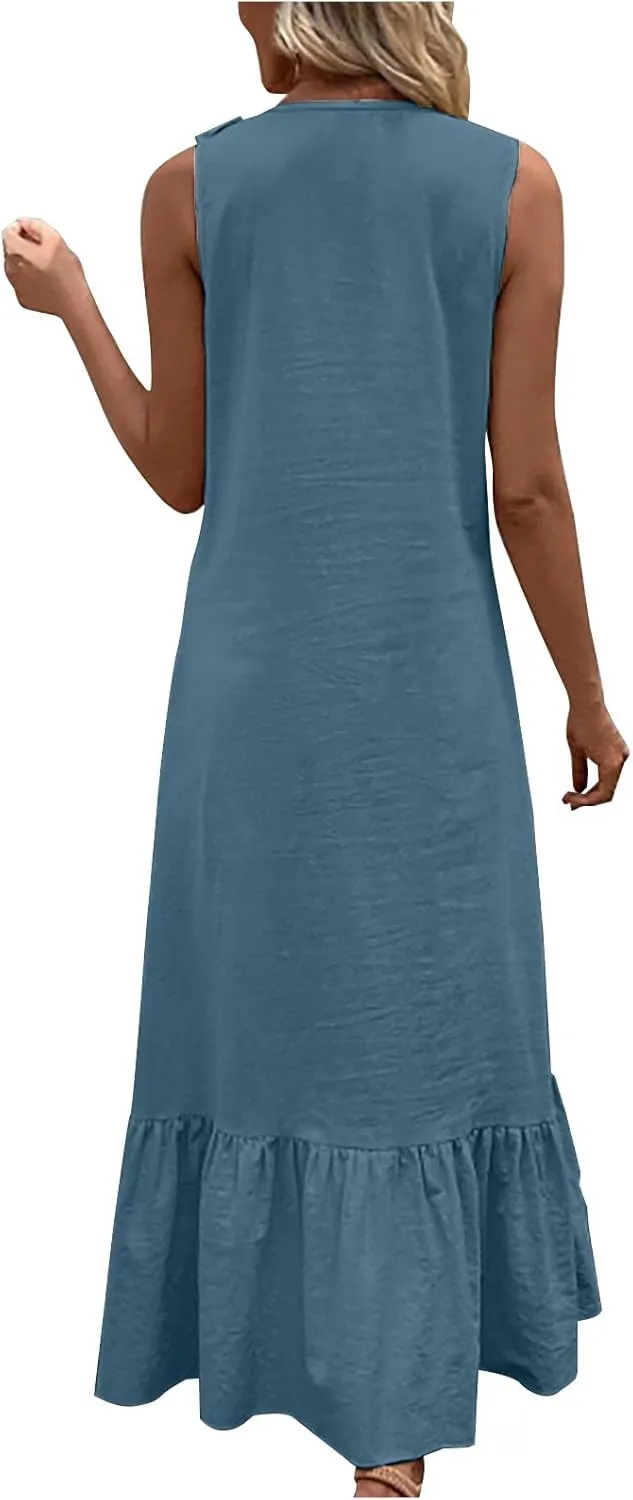 Summer Maxi Boho Sundress for Women Sleeveless Ruffle Swing Dress Casual V Neck Ankle Length A Line Dresses
