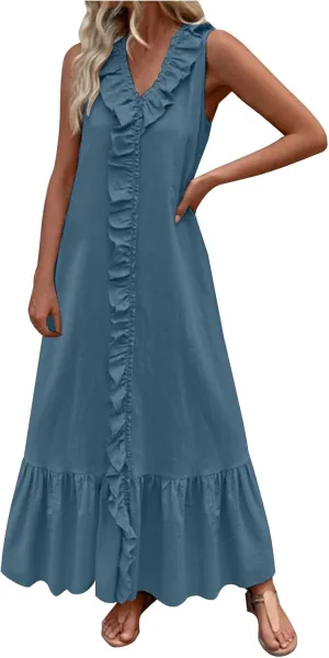 Summer Maxi Boho Sundress for Women Sleeveless Ruffle Swing Dress Casual V Neck Ankle Length A Line Dresses