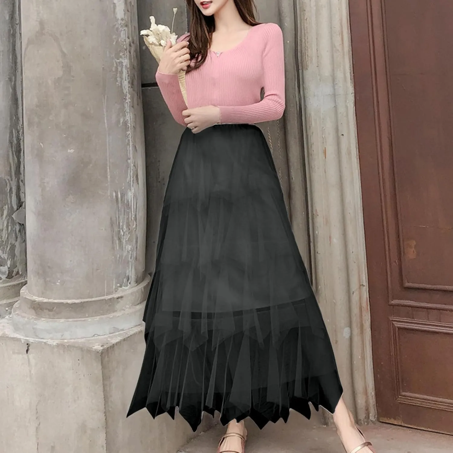 Summer Maxi Skirt for Women Multi Layer Pleated Sheer Ruffles A-Line Casual Long Skirts High Elastic Waist Dress