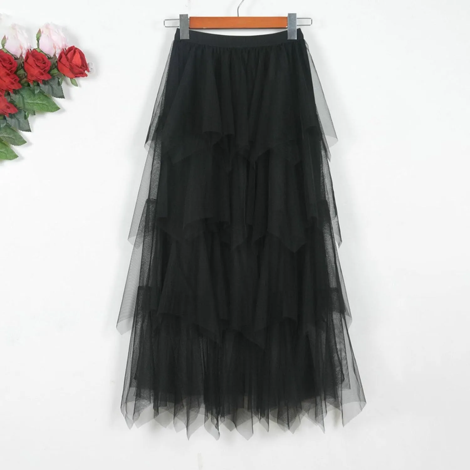 Summer Maxi Skirt for Women Multi Layer Pleated Sheer Ruffles A-Line Casual Long Skirts High Elastic Waist Dress