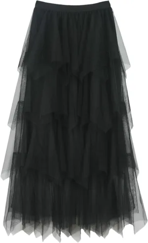 Summer Maxi Skirt for Women Multi Layer Pleated Sheer Ruffles A-Line Casual Long Skirts High Elastic Waist Dress
