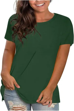 Summer Shirts for Women Trendy Casual Short Sleeve Shirts Crewneck Solid Color T Shirt Plus Size Loose Fit Tops