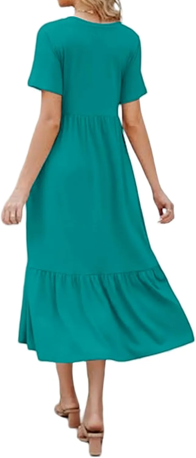 Sundresses for Women V Neck Ruffle Hem Dresses A Line Loose Fit High Waist Dress Flowy Tiered Elegant Dresses 2025