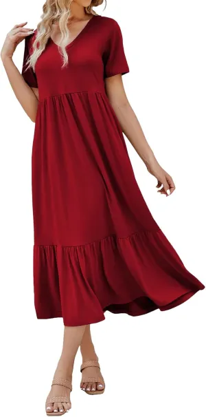 Sundresses for Women V Neck Ruffle Hem Dresses A Line Loose Fit High Waist Dress Flowy Tiered Elegant Dresses 2025