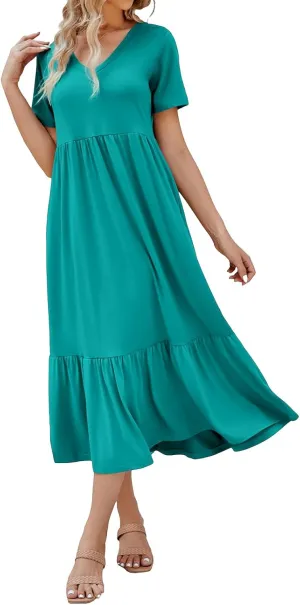Sundresses for Women V Neck Ruffle Hem Dresses A Line Loose Fit High Waist Dress Flowy Tiered Elegant Dresses 2025