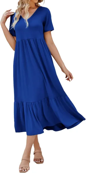 Sundresses for Women V Neck Ruffle Hem Dresses A Line Loose Fit High Waist Dress Flowy Tiered Elegant Dresses 2025