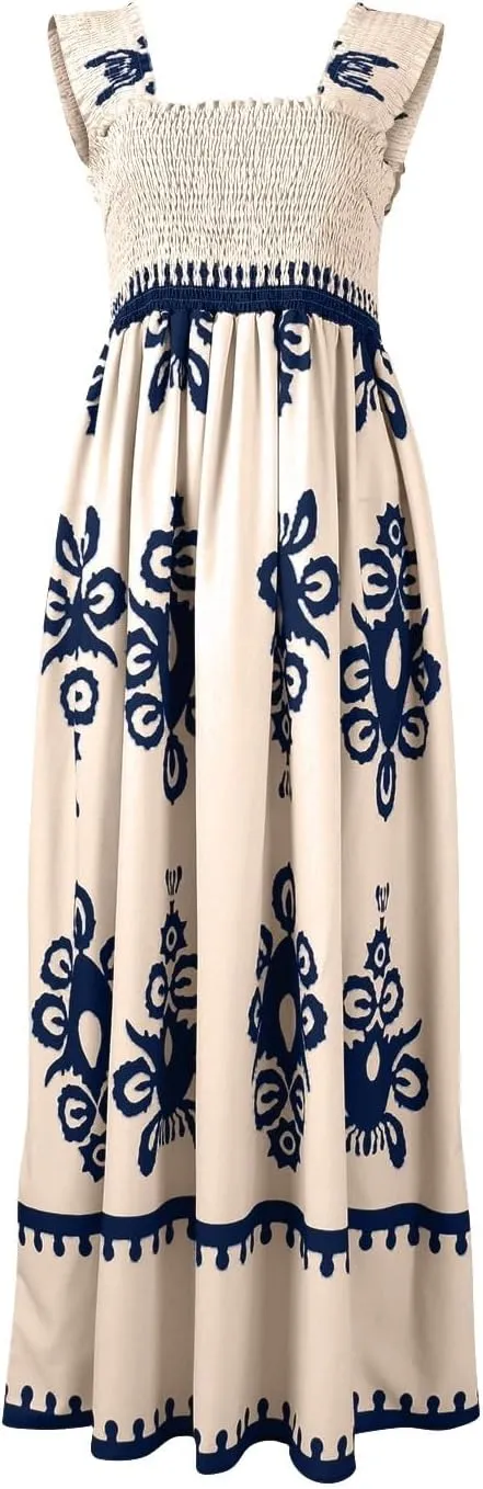 Sundresses for Women,2025 Summer Trendy Floral Smocked Maxi Dress,Sleeveless Square Neck Flowy Boho Vacation Dress