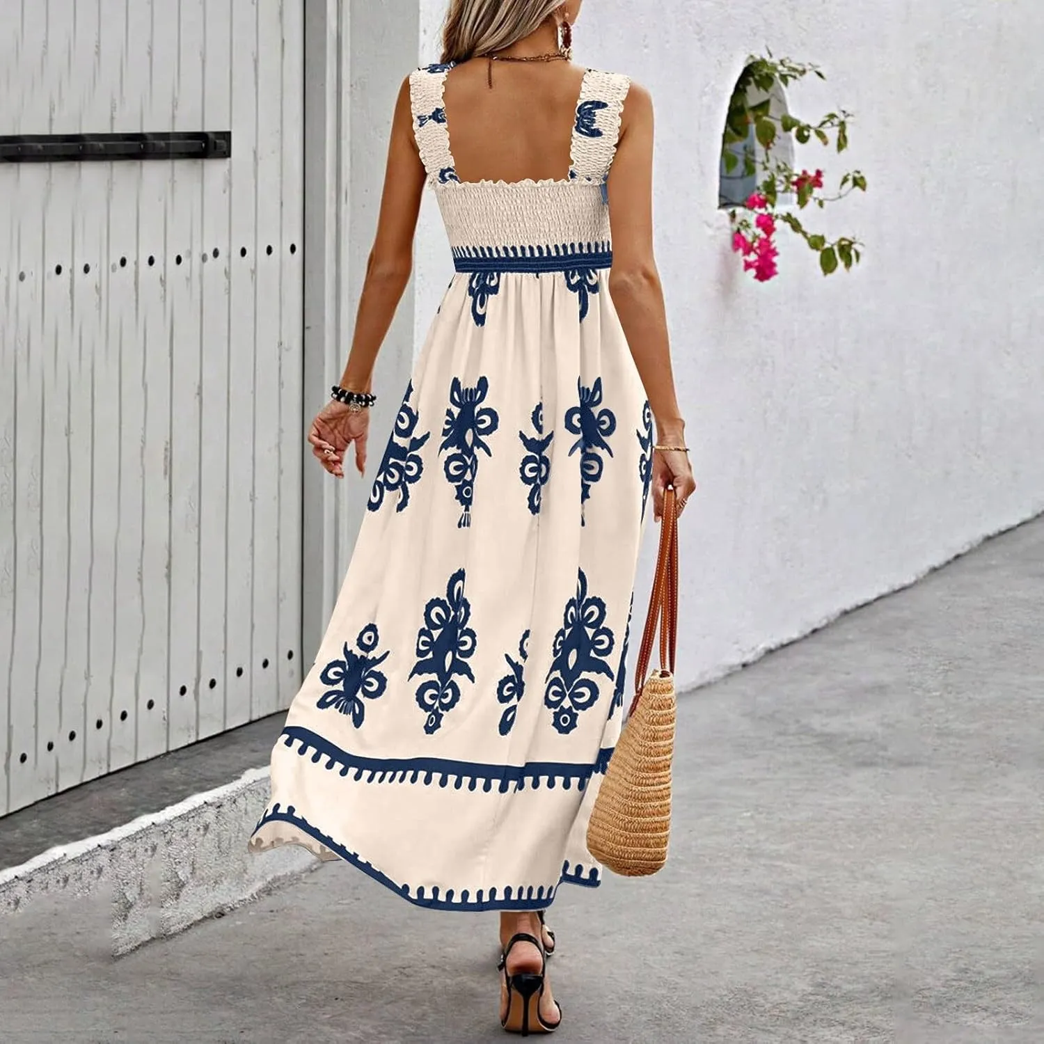 Sundresses for Women,2025 Summer Trendy Floral Smocked Maxi Dress,Sleeveless Square Neck Flowy Boho Vacation Dress
