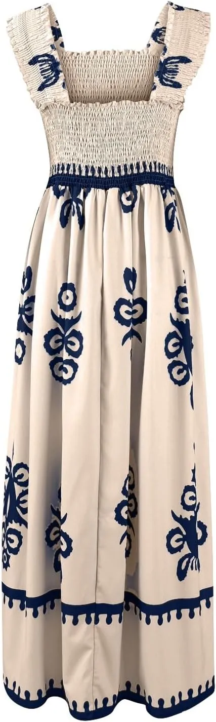Sundresses for Women,2025 Summer Trendy Floral Smocked Maxi Dress,Sleeveless Square Neck Flowy Boho Vacation Dress