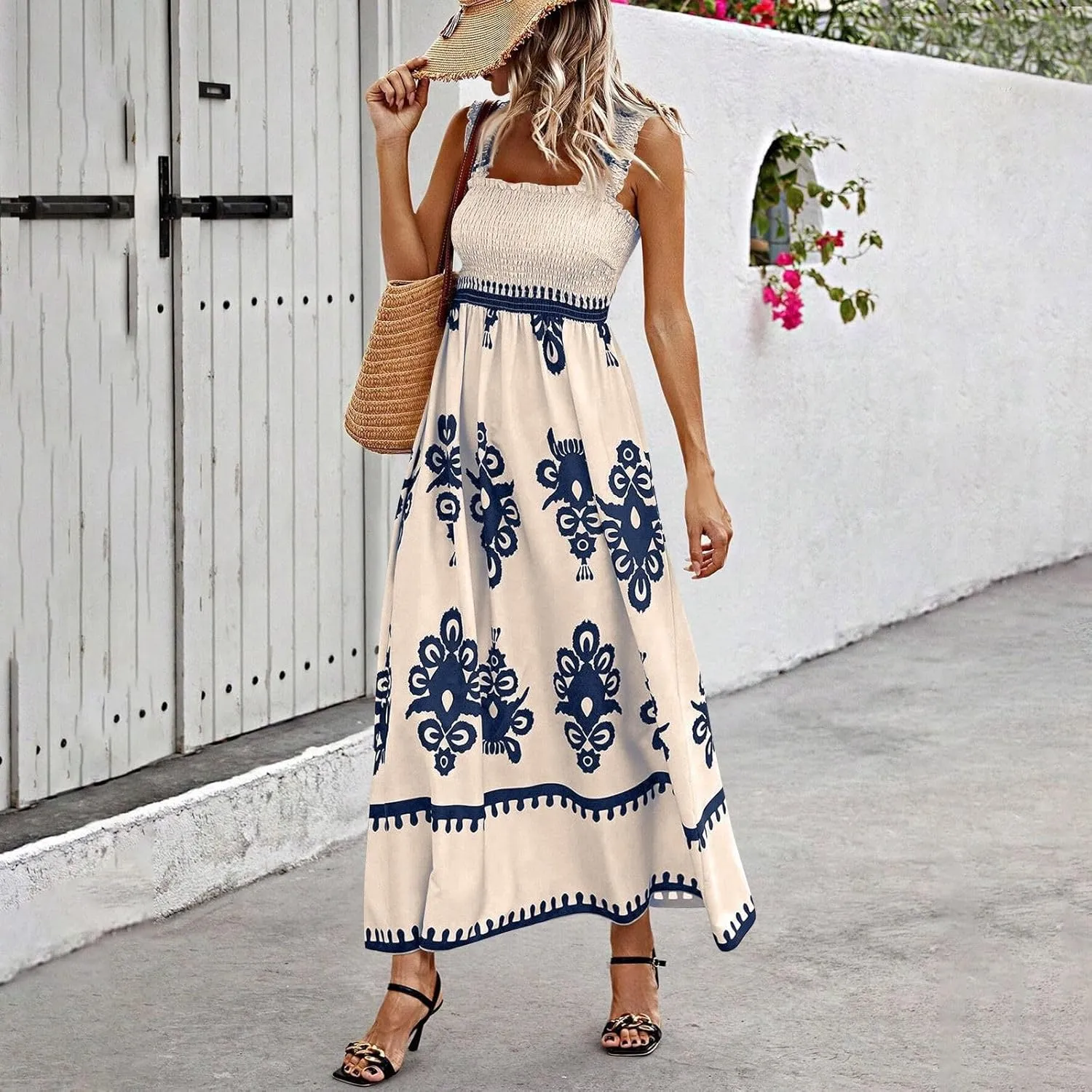 Sundresses for Women,2025 Summer Trendy Floral Smocked Maxi Dress,Sleeveless Square Neck Flowy Boho Vacation Dress