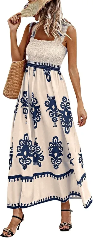 Sundresses for Women,2025 Summer Trendy Floral Smocked Maxi Dress,Sleeveless Square Neck Flowy Boho Vacation Dress