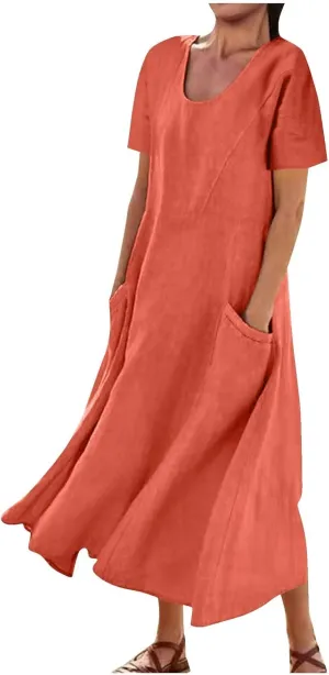 Swing Dresses for Women 2024 Summer Casual Short Sleeve Cotton Linen Dress Loose Ruffle Flowy Maxi Dress with Pockets