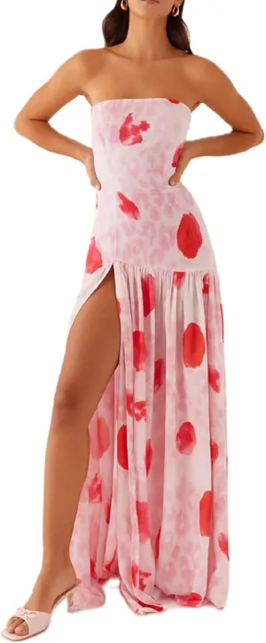 UAURORAO Women Floral Strapless Maxi Dress Flowy Y2k Flower Backless Tube Long Dress Drop Waist Ruched A Line Sundresses