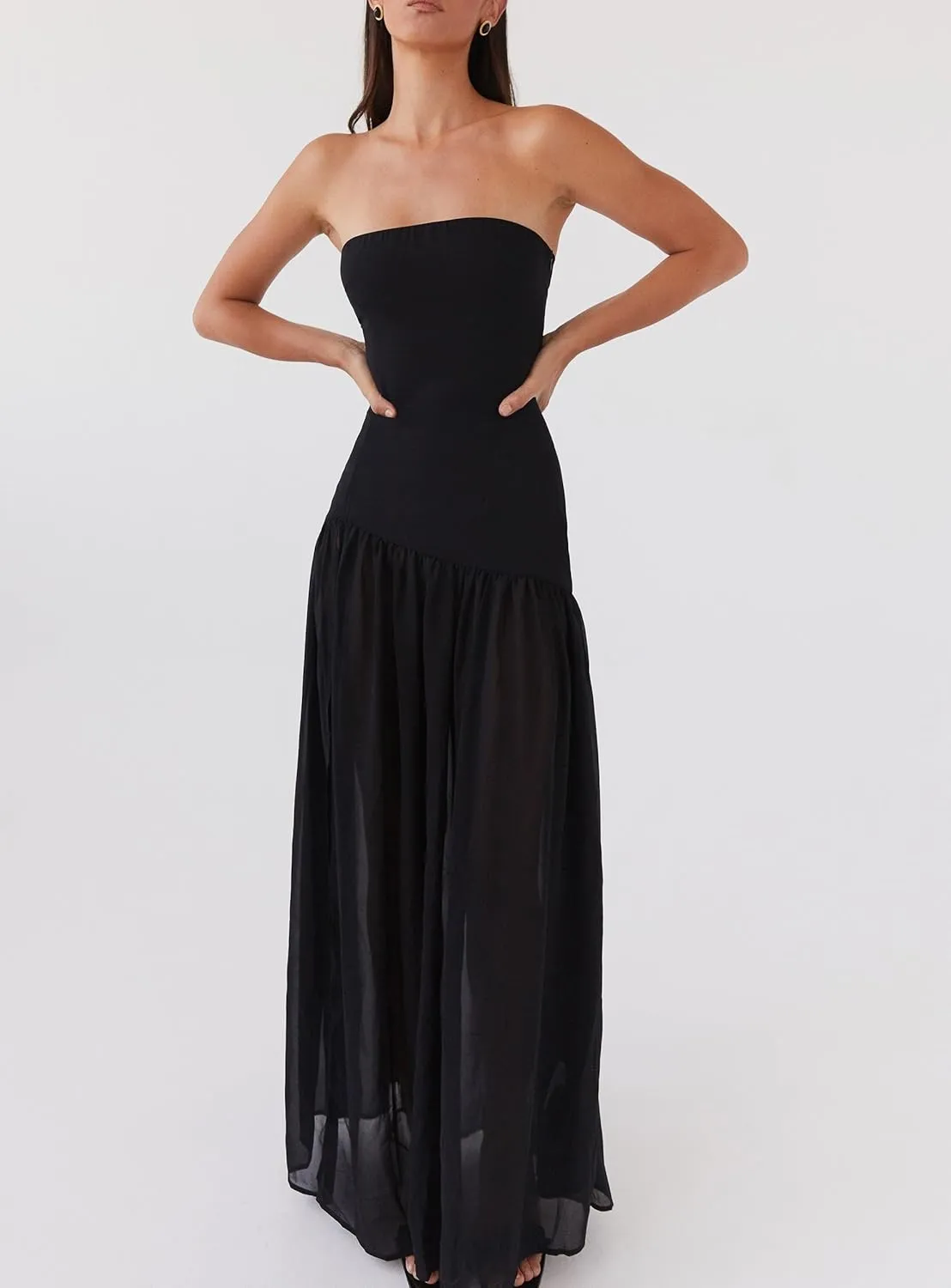 UAURORAO Women Floral Strapless Maxi Dress Flowy Y2k Flower Backless Tube Long Dress Drop Waist Ruched A Line Sundresses