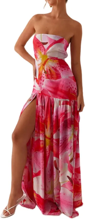 UAURORAO Women Floral Strapless Maxi Dress Flowy Y2k Flower Backless Tube Long Dress Drop Waist Ruched A Line Sundresses