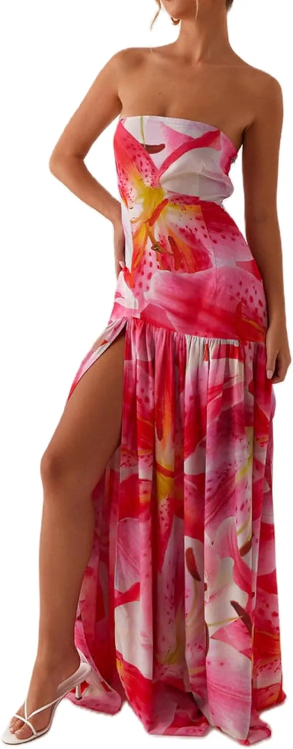 UAURORAO Women Floral Strapless Maxi Dress Flowy Y2k Flower Backless Tube Long Dress Drop Waist Ruched A Line Sundresses