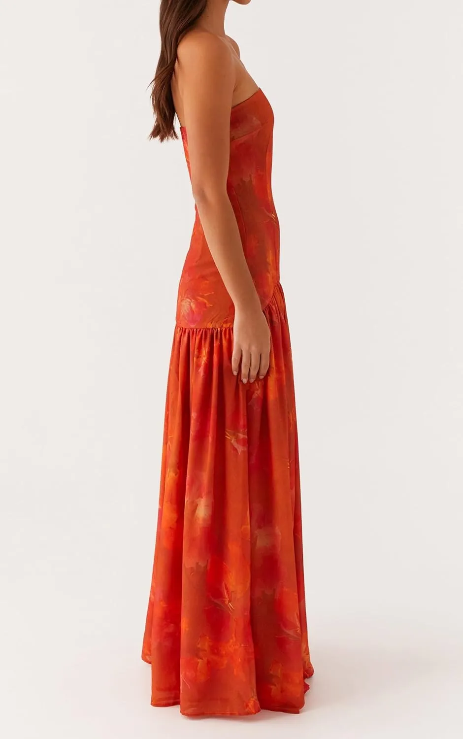 UAURORAO Women Floral Strapless Maxi Dress Flowy Y2k Flower Backless Tube Long Dress Drop Waist Ruched A Line Sundresses