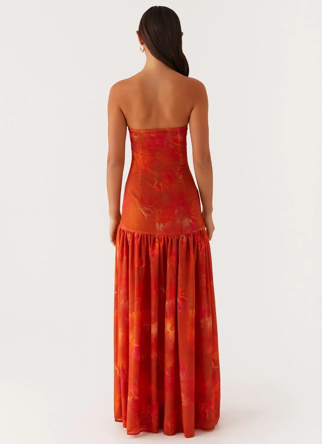 UAURORAO Women Floral Strapless Maxi Dress Flowy Y2k Flower Backless Tube Long Dress Drop Waist Ruched A Line Sundresses