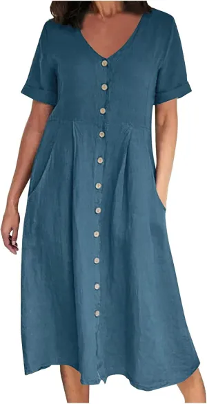 Vintage Cotton Linen Midi Dress for Women V Neck Short Sleeve Button Down Dresses Solid Color Lightweight Sundress