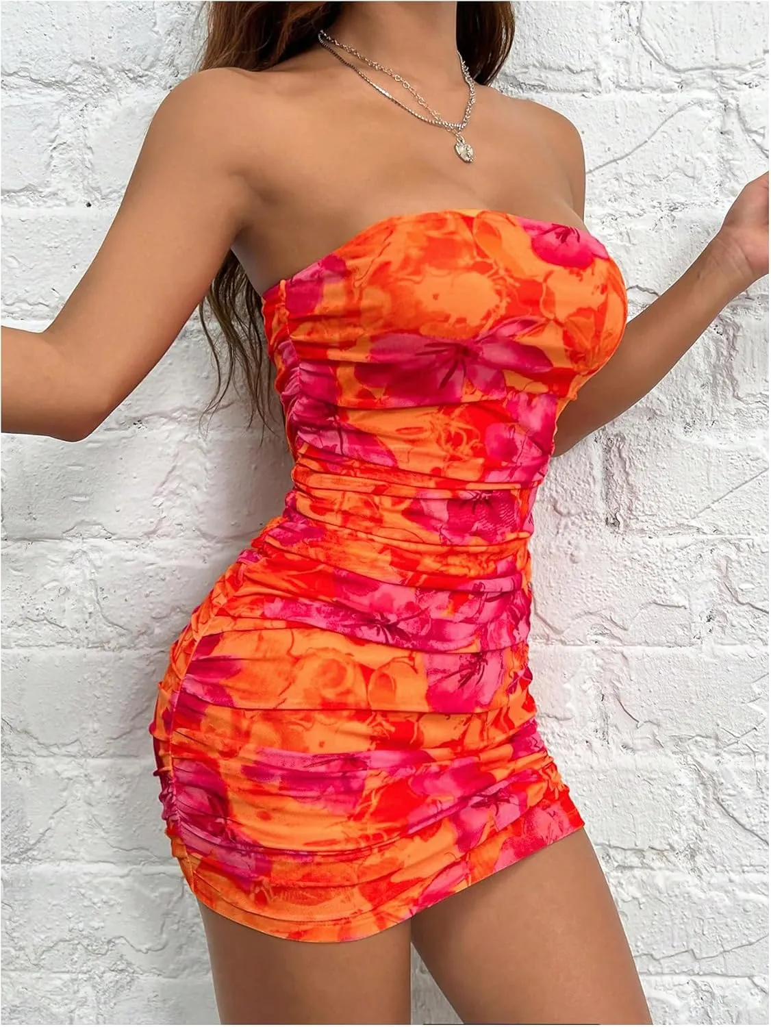 WDIRARA Women's Floral Mesh Strapless Ruched Tube Mini Dress Short Bodycon Dresses