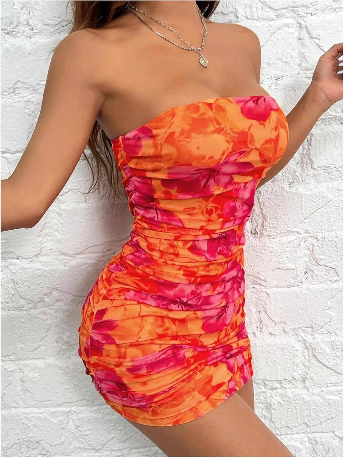 WDIRARA Women's Floral Mesh Strapless Ruched Tube Mini Dress Short Bodycon Dresses