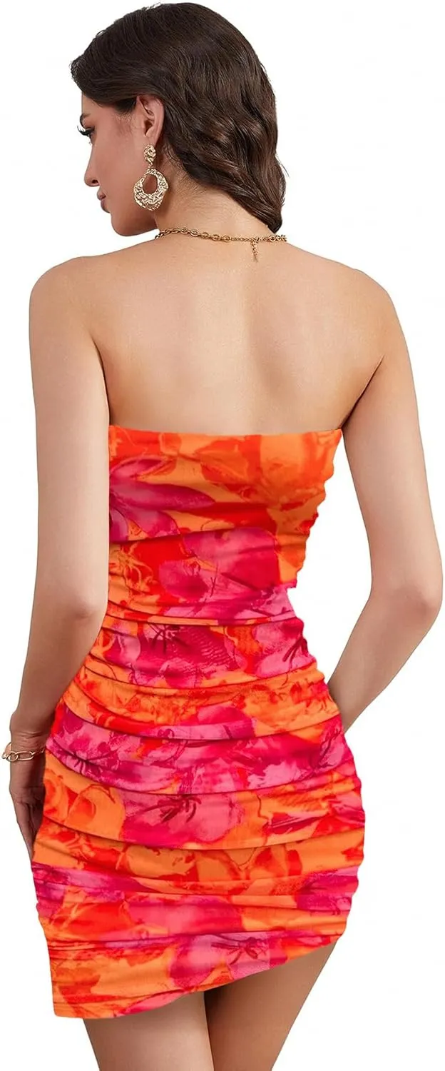 WDIRARA Women's Floral Mesh Strapless Ruched Tube Mini Dress Short Bodycon Dresses