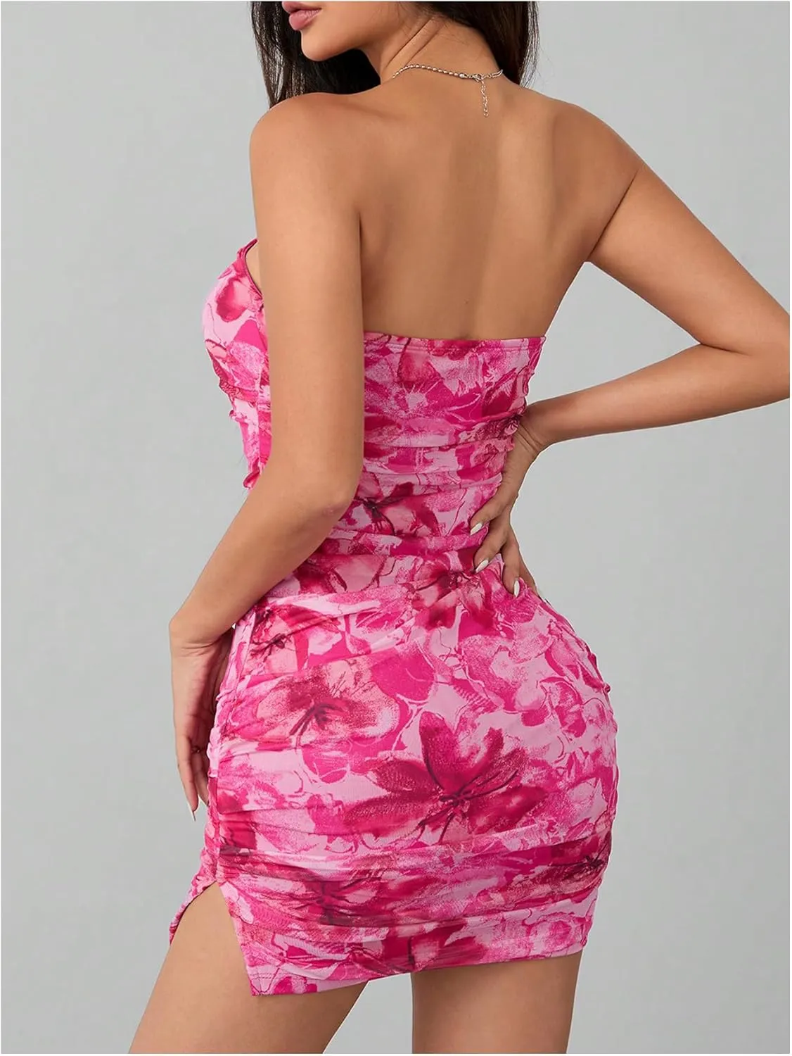 WDIRARA Women's Floral Mesh Strapless Ruched Tube Mini Dress Short Bodycon Dresses