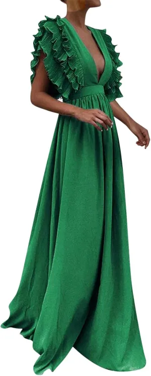 Wedding Guest Dress 2024 V Neck Ruffle Sleeve Tiered Midi Dress A Line Cocktail Party Dress Mixi Homecoming Dress