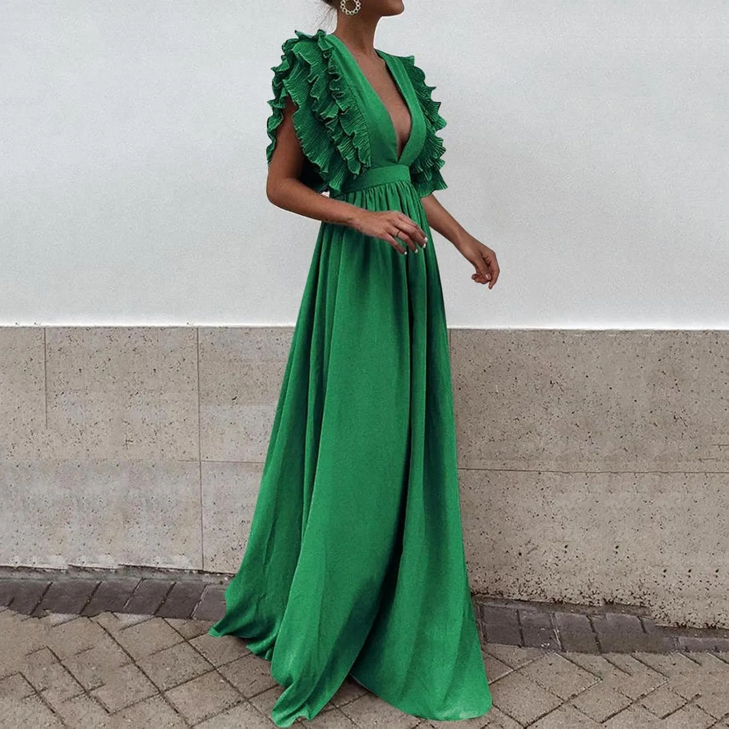 Wedding Guest Dress WomenV Neck Ruffle Sleeve Tiered Midi Dress A Line Cocktail Party Dress Mixi Homecoming Dress