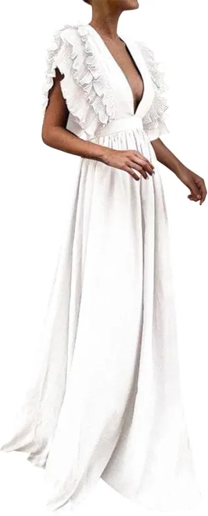Wedding Guest Dress WomenV Neck Ruffle Sleeve Tiered Midi Dress A Line Cocktail Party Dress Mixi Homecoming Dress