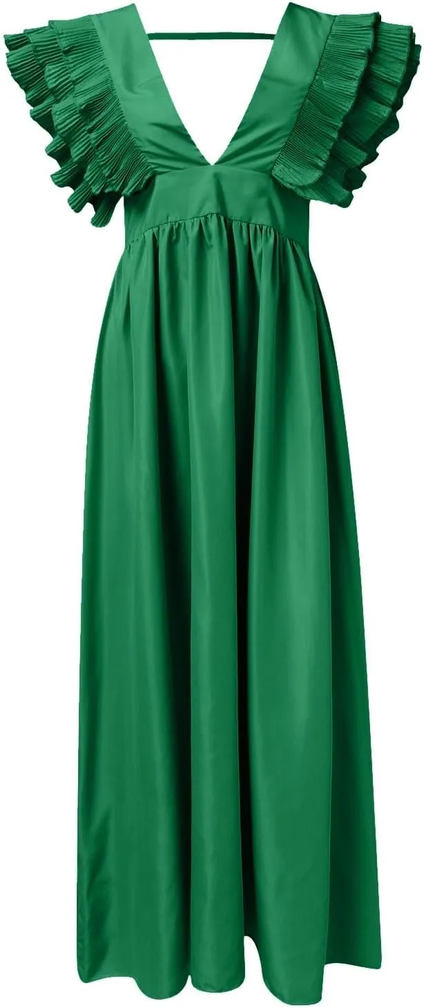 Wedding Guest Dress WomenV Neck Ruffle Sleeve Tiered Midi Dress A Line Cocktail Party Dress Mixi Homecoming Dress