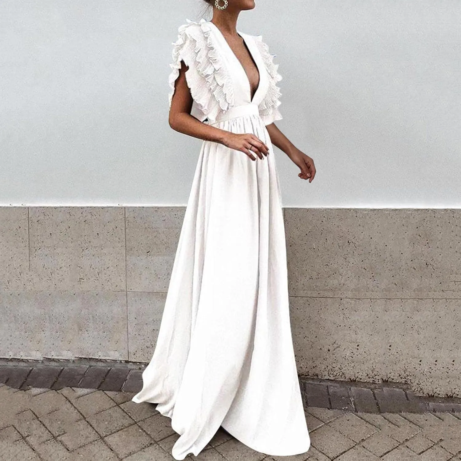 Wedding Guest Dress WomenV Neck Ruffle Sleeve Tiered Midi Dress A Line Cocktail Party Dress Mixi Homecoming Dress