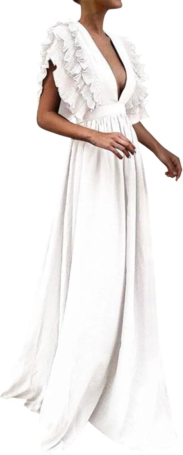 Wedding Guest Dress WomenV Neck Ruffle Sleeve Tiered Midi Dress A Line Cocktail Party Dress Mixi Homecoming Dress