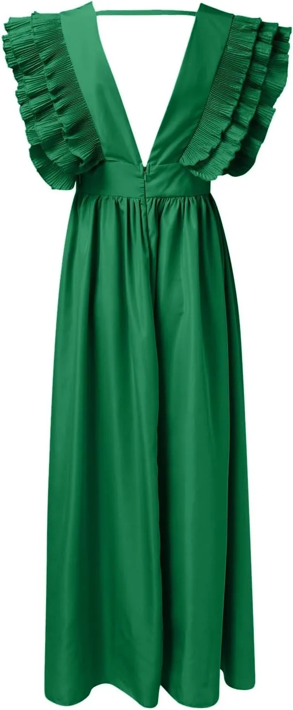 Wedding Guest Dress WomenV Neck Ruffle Sleeve Tiered Midi Dress A Line Cocktail Party Dress Mixi Homecoming Dress