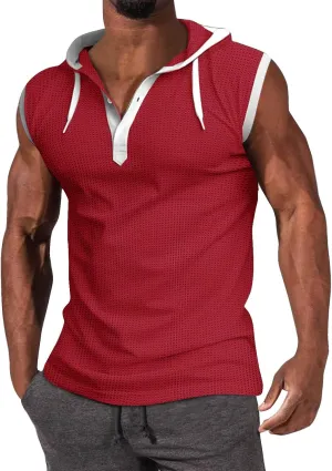 WENKOMG1 Mens Henley Tank Tops Solid Sleeveless Workout Hoodie Shirt Summer V Neck Button Down Active Hooded Gym Tees