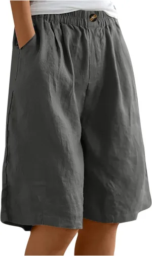 Wide Leg Cotton Linen Shorts for Women High Waisted Comfy Bermuda Shorts Casual Loose Knee Length Pants with Pockets