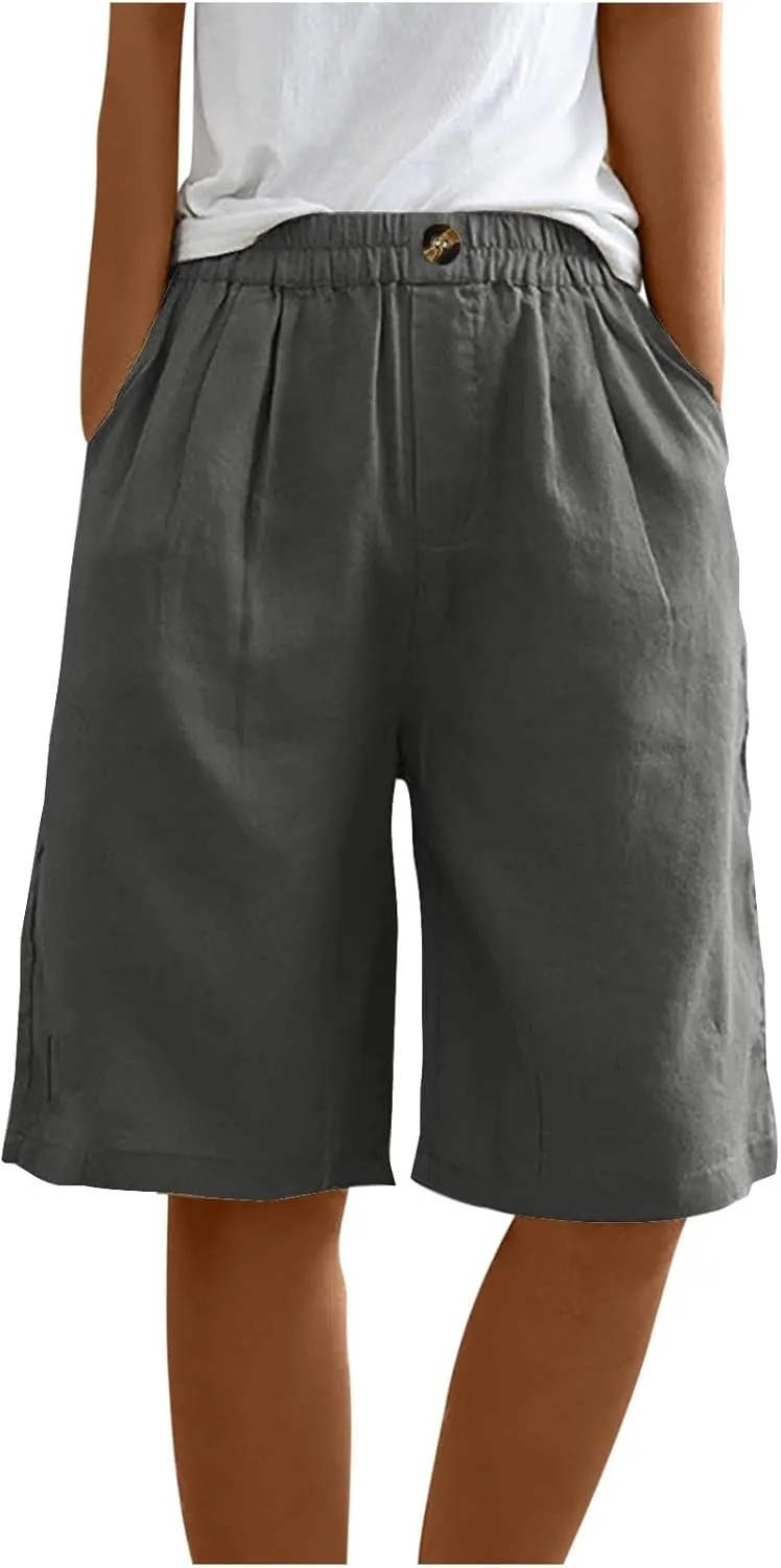 Wide Leg Cotton Linen Shorts for Women High Waisted Comfy Bermuda Shorts Casual Loose Knee Length Pants with Pockets