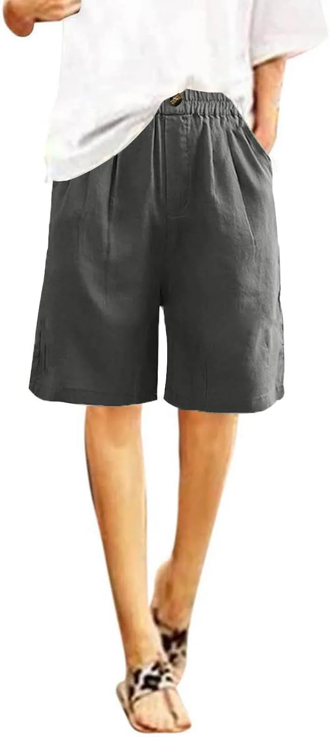 Wide Leg Cotton Linen Shorts for Women High Waisted Comfy Bermuda Shorts Casual Loose Knee Length Pants with Pockets