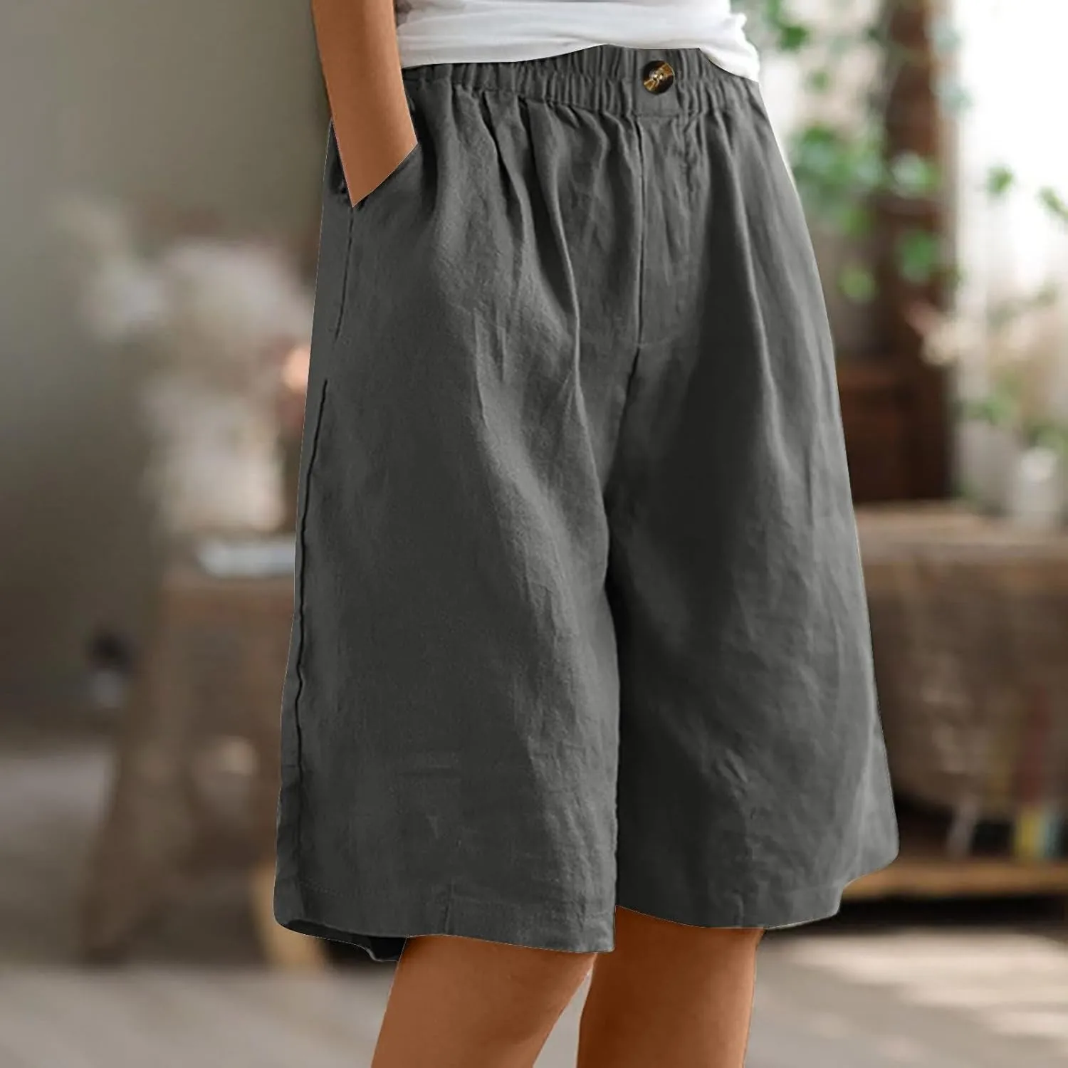 Wide Leg Cotton Linen Shorts for Women High Waisted Comfy Bermuda Shorts Casual Loose Knee Length Pants with Pockets