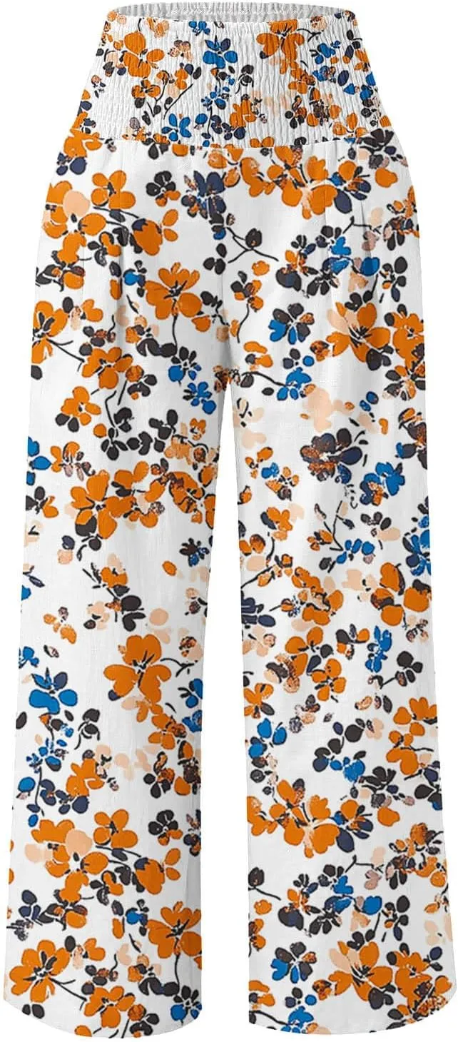 Wide Leg Linen Pants for Women Floral Printed Casual Summer Smocked High Waisted Lightweight Lounge Palazzo Beach Trousers