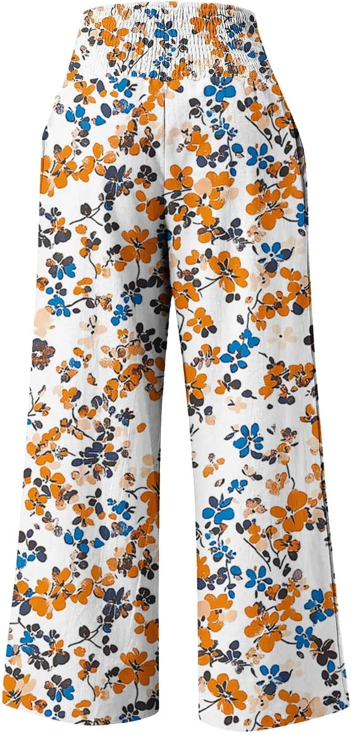 Wide Leg Linen Pants for Women Floral Printed Casual Summer Smocked High Waisted Lightweight Lounge Palazzo Beach Trousers