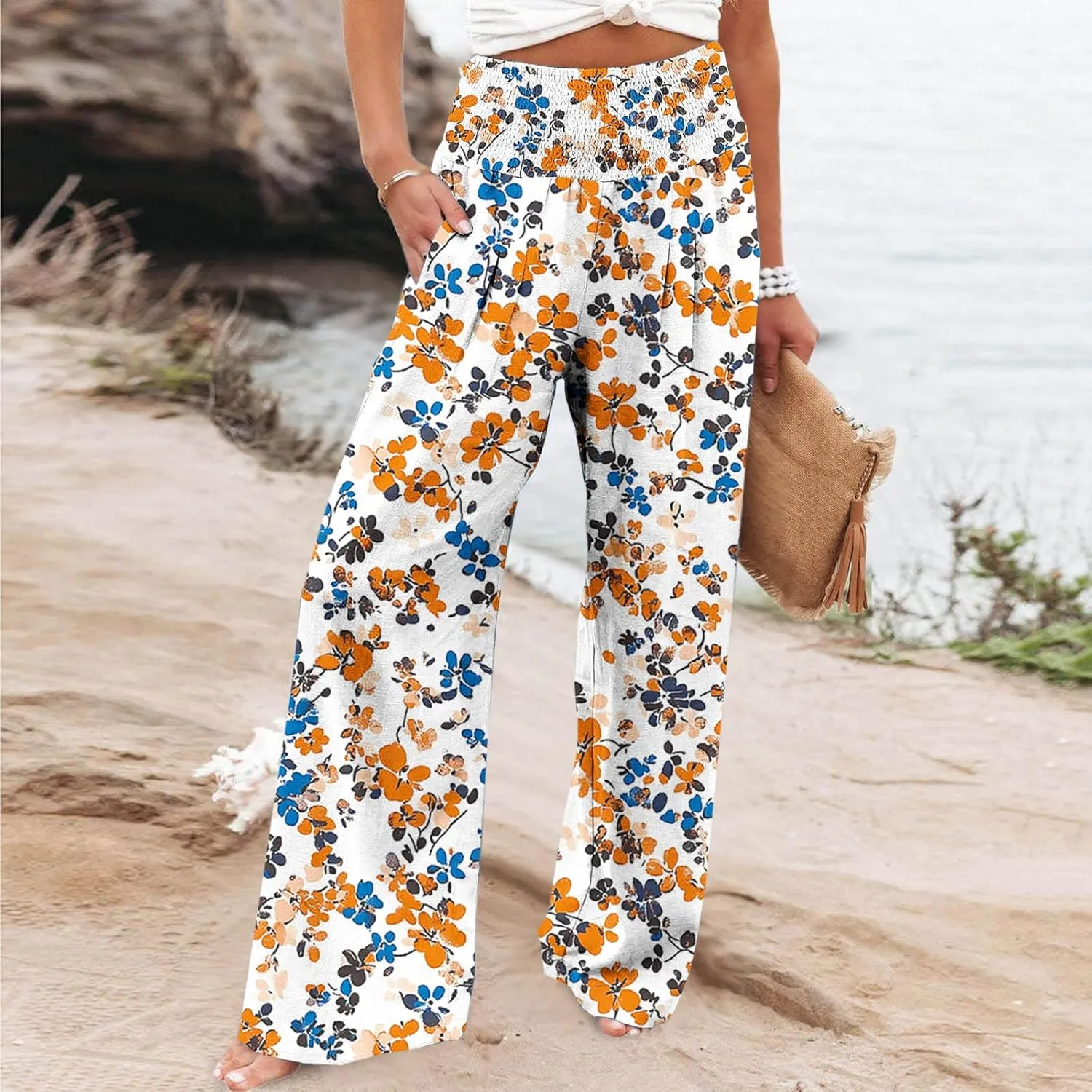 Wide Leg Linen Pants for Women Floral Printed Casual Summer Smocked High Waisted Lightweight Lounge Palazzo Beach Trousers