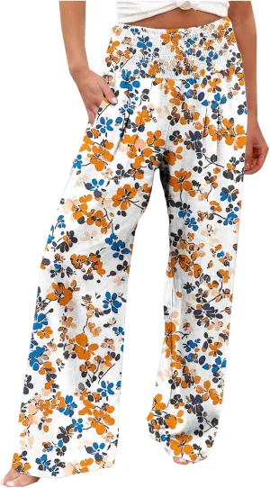 Wide Leg Linen Pants for Women Floral Printed Casual Summer Smocked High Waisted Lightweight Lounge Palazzo Beach Trousers