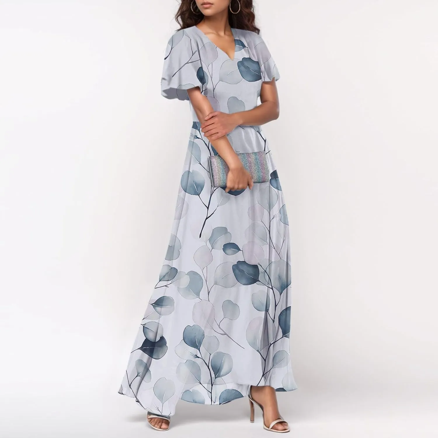 Woman Maxi Dresses Casual Summer Empire Waist Dress Floral Short Sleeve Chiffon Flowy Dresses