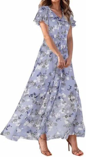 Woman Maxi Dresses Casual Summer Empire Waist Dress Floral Short Sleeve Chiffon Flowy Dresses
