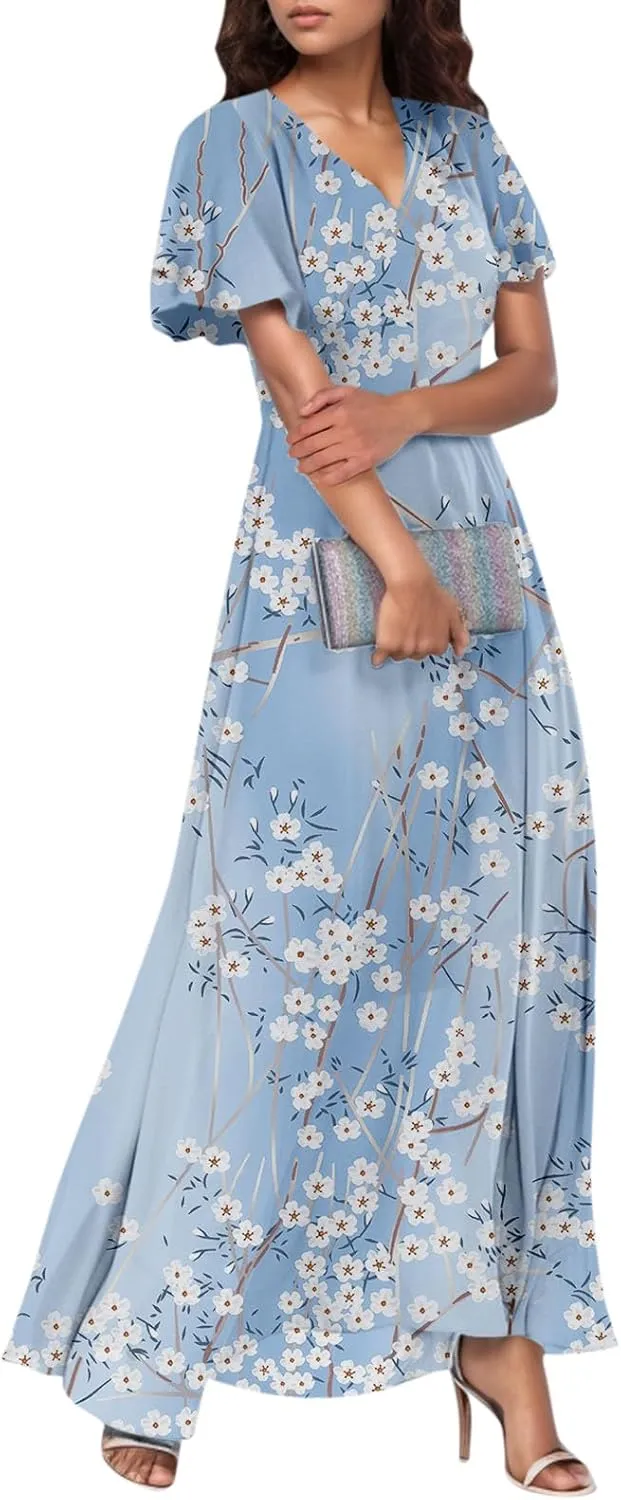 Woman Maxi Dresses Casual Summer Empire Waist Dress Floral Short Sleeve Chiffon Flowy Dresses