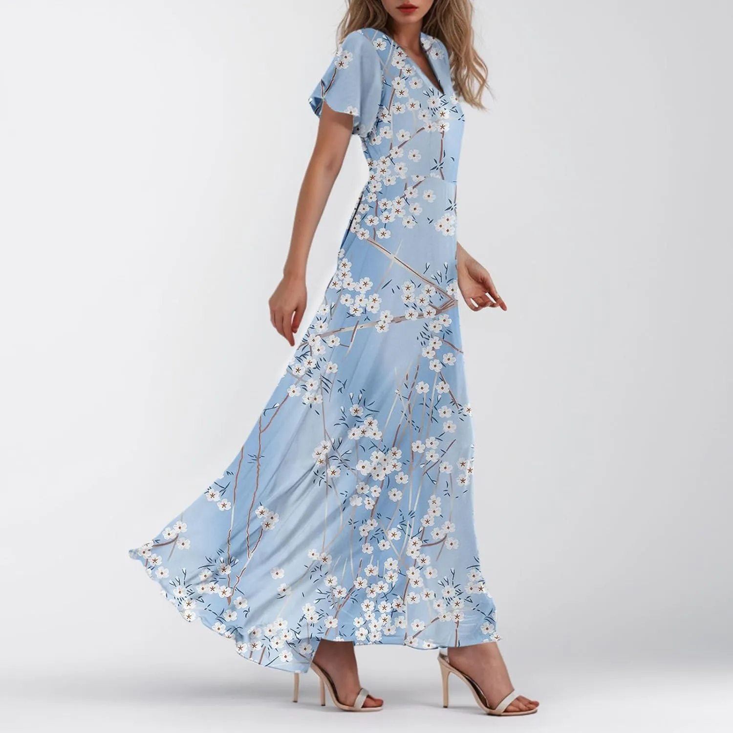 Woman Maxi Dresses Casual Summer Empire Waist Dress Floral Short Sleeve Chiffon Flowy Dresses