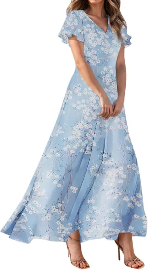 Woman Maxi Dresses Casual Summer Empire Waist Dress Floral Short Sleeve Chiffon Flowy Dresses
